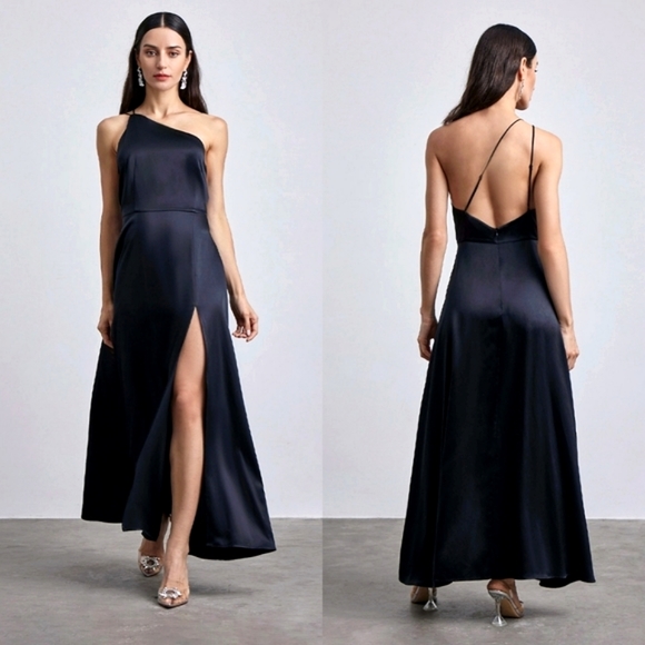Silk Maison Dresses & Skirts - One-Shoulder Navy Satin Evening Gown